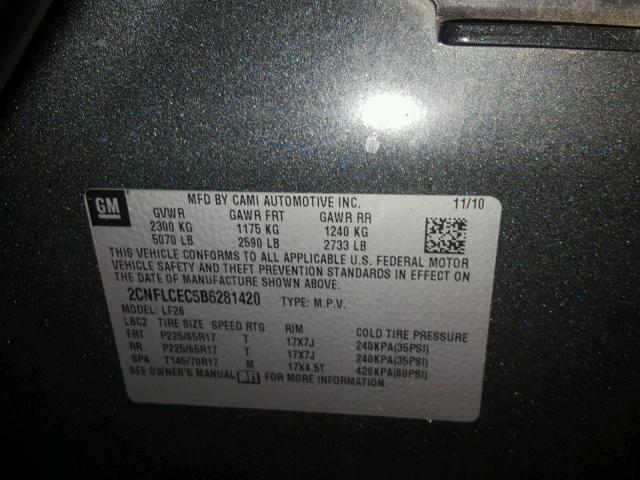 2CNFLCEC5B6281420 - 2011 CHEVROLET EQUINOX LS CHARCOAL photo 10