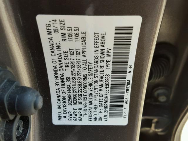 2HKRM3H75EH562968 - 2014 HONDA CR-V EXL CHARCOAL photo 10