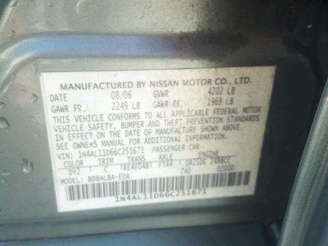 1N4AL11D66C251671 - 2006 NISSAN ALTIMA S GREEN photo 10