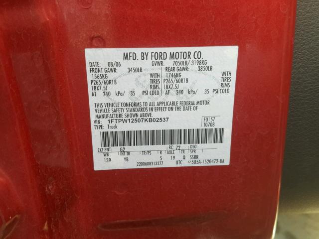 1FTPW12507KB02537 - 2007 FORD F150 SUPER RED photo 10