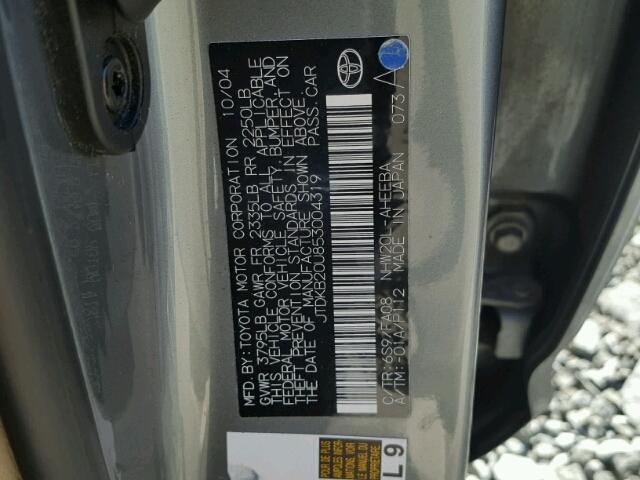 JTDKB20U853004319 - 2005 TOYOTA PRIUS GRAY photo 10