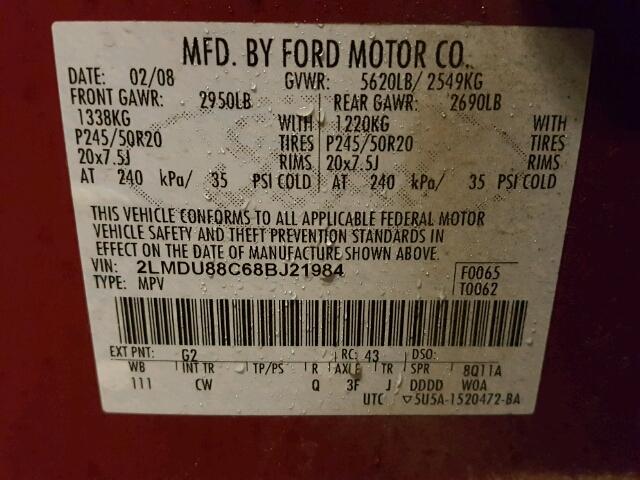 2LMDU88C68BJ21984 - 2008 LINCOLN MKX RED photo 10