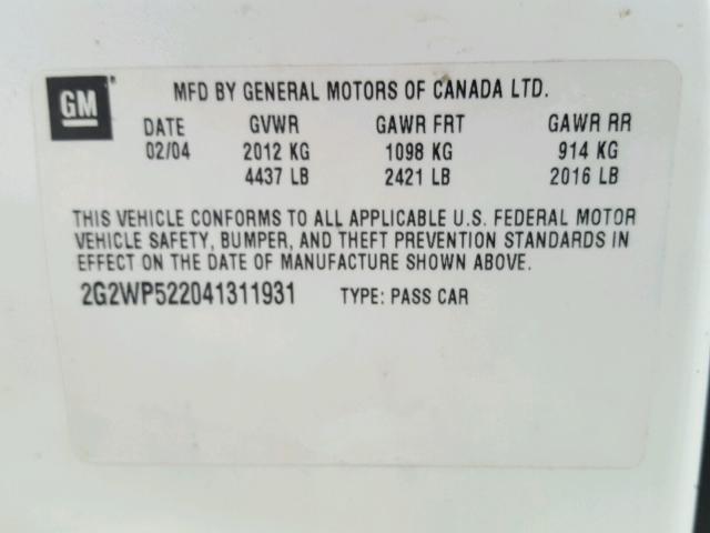 2G2WP522041311931 - 2004 PONTIAC GRAND PRIX WHITE photo 10