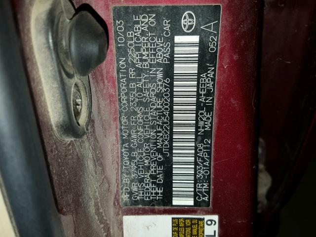 JTDKB22U540020376 - 2004 TOYOTA PRIUS 栗色 照片 10