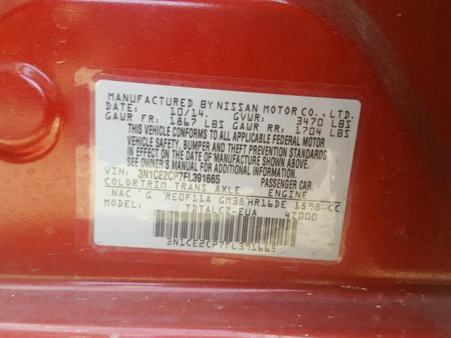 3N1CE2CP7FL391665 - 2015 NISSAN VERSA NOTE RED photo 10