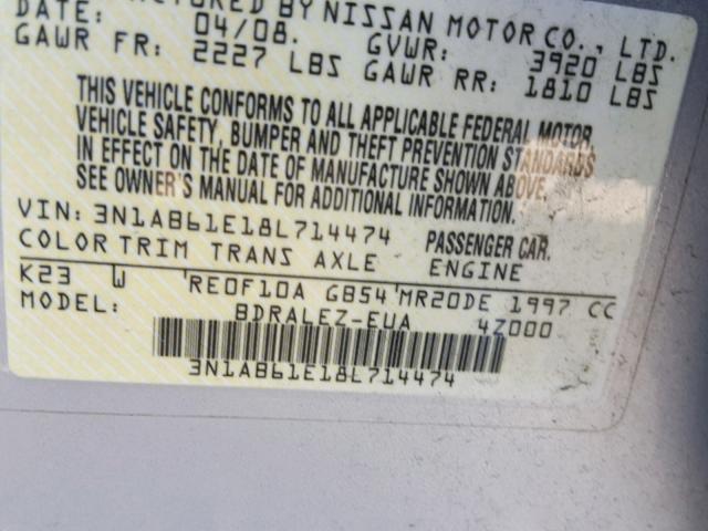 3N1AB61E18L714474 - 2008 NISSAN SENTRA 2.0 SILVER photo 10