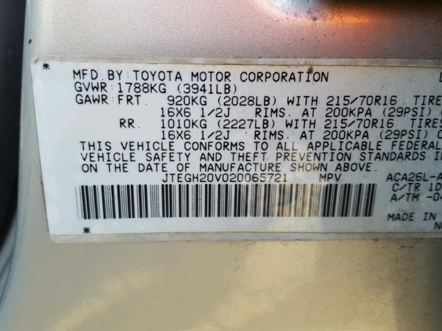 JTEGH20V020065721 - 2002 TOYOTA RAV4 SILVER photo 10