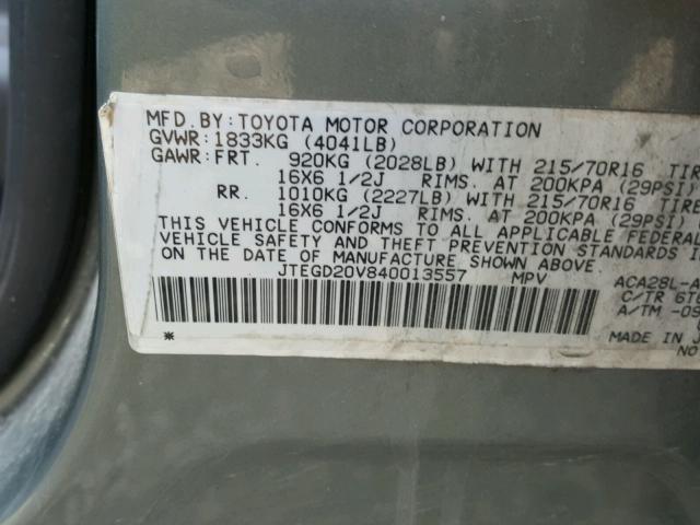 JTEGD20V840013557 - 2004 TOYOTA RAV4 GRAY photo 10