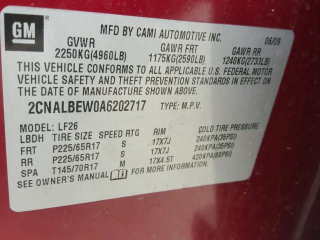 2CNALBEW0A6202717 - 2010 CHEVROLET EQUINOX LS RED photo 10