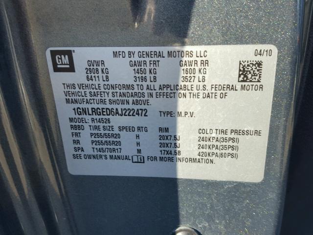 1GNLRGED6AJ222472 - 2010 CHEVROLET TRAVERSE L GRAY photo 10