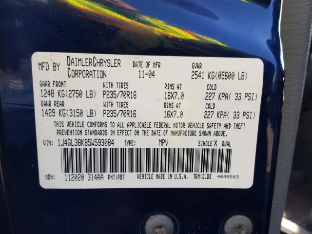 1J4GL38K85W593084 - 2005 JEEP LIBERTY RE BLUE photo 10