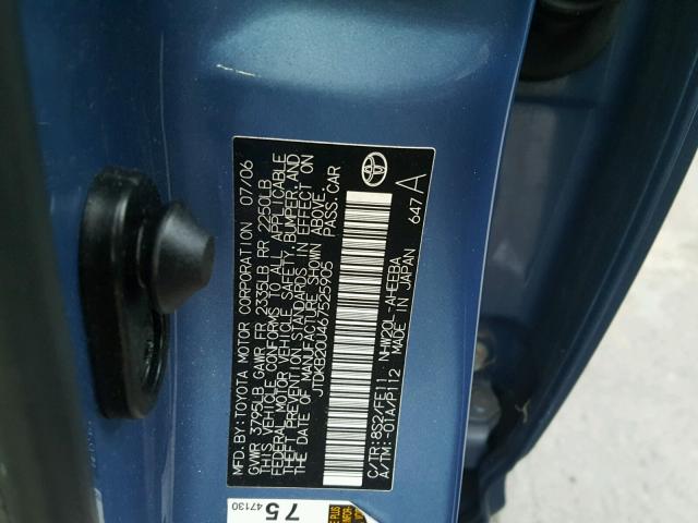 JTDKB20U467525905 - 2006 TOYOTA PRIUS BLUE photo 10