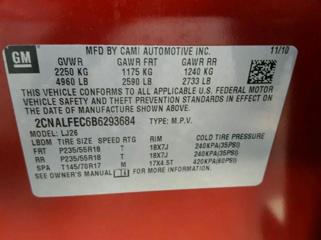 2CNALFEC6B6293684 - 2011 CHEVROLET EQUINOX LT RED photo 10