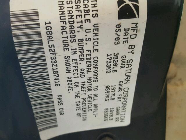 1G8AL52F33Z187416 - 2003 SATURN ION LEVEL GREEN photo 10