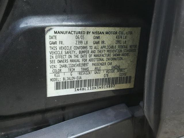 1N4BL11DX5N919897 - 2005 NISSAN ALTIMA SE BLACK photo 10