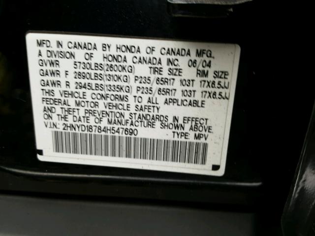 2HNYD18784H547690 - 2004 ACURA MDX TOURIN BLACK photo 10