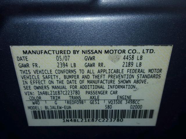 1N4BL21E87C223780 - 2007 NISSAN ALTIMA 3.5 GRAY photo 10