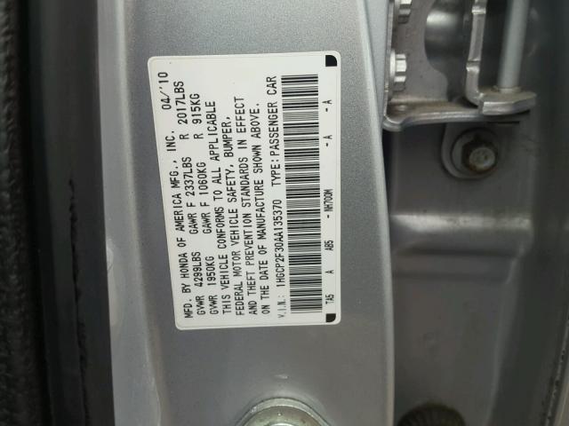 1HGCP2F30AA135370 - 2010 HONDA ACCORD LX SILVER photo 10