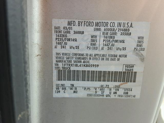 1FTRX18L41KB05959 - 2001 FORD F150 SILVER photo 10