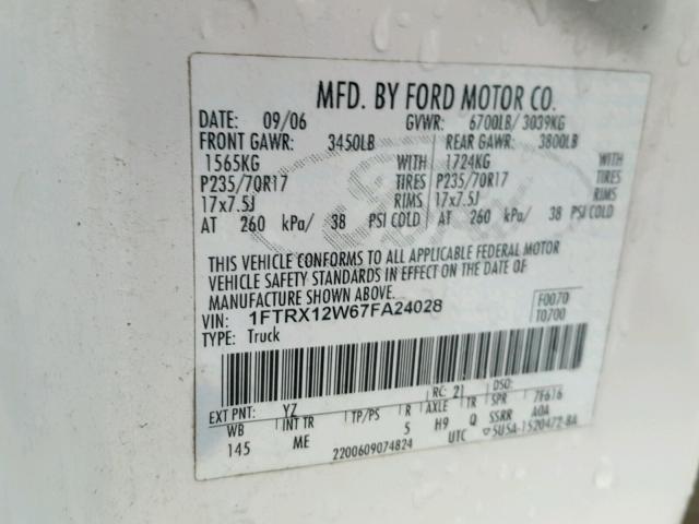 1FTRX12W67FA24028 - 2007 FORD F150 WHITE photo 10