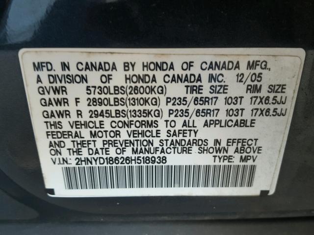 2HNYD18626H518938 - 2006 ACURA MDX TOURIN GRAY photo 10