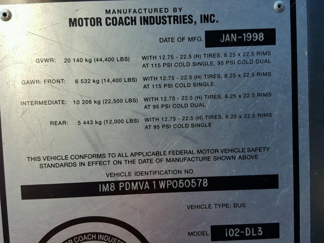 1M8PDMVA1WP050578 - 1998 MOTOR COACH INDUSTRIES TRANSIT BU WHITE photo 10