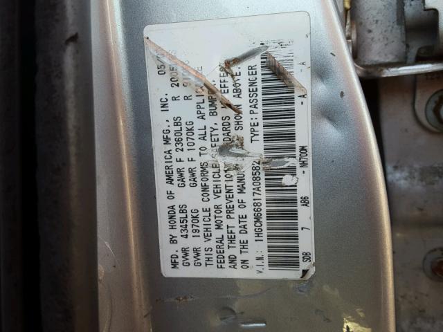 1HGCM66817A085826 - 2007 HONDA ACCORD EX SILVER photo 10