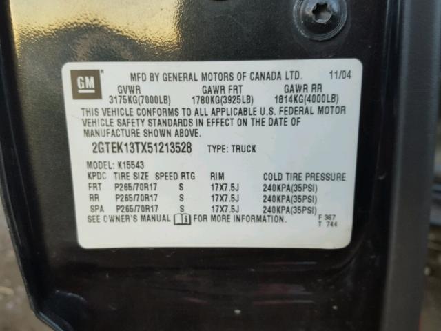 2GTEK13TX51213528 - 2005 GMC NEW SIERRA GRAY photo 10