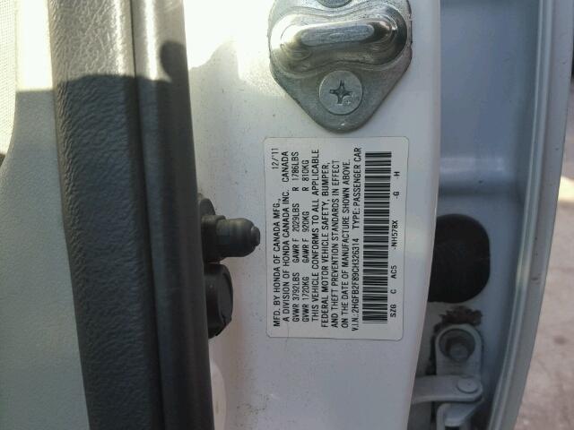 2HGFB2F89CH326314 - 2012 HONDA CIVIC EX თეთრი ფოტო 10