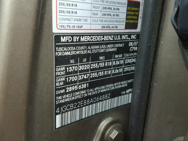 4JGCB22E88A064882 - 2008 MERCEDES-BENZ R 320 CDI GOLD photo 10