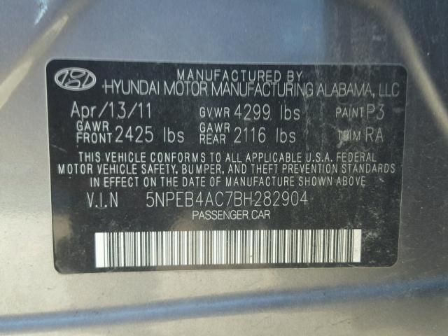 5NPEB4AC7BH282904 - 2011 HYUNDAI SONATA GLS GRAY photo 10