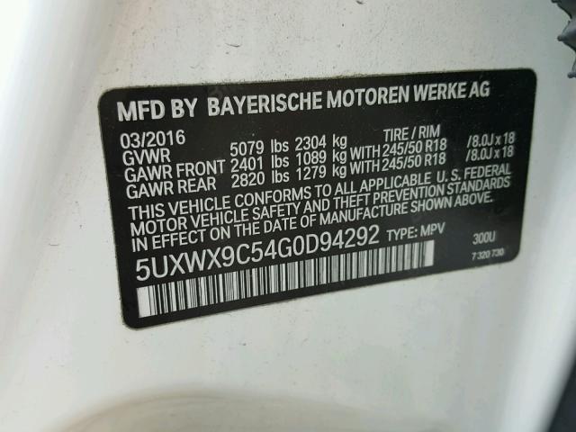 5UXWX9C54G0D94292 - 2016 BMW X3 XDRIVE2 WHITE photo 10