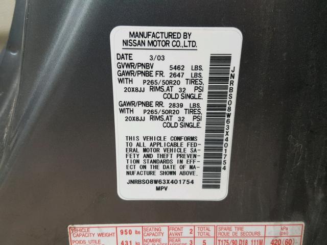 JNRBS08W63X401754 - 2003 INFINITI FX45 GRAY photo 10