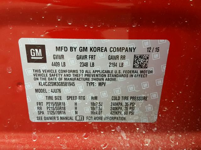 KL4CJ2SM3GB581945 - 2016 BUICK ENCORE SPO RED photo 10