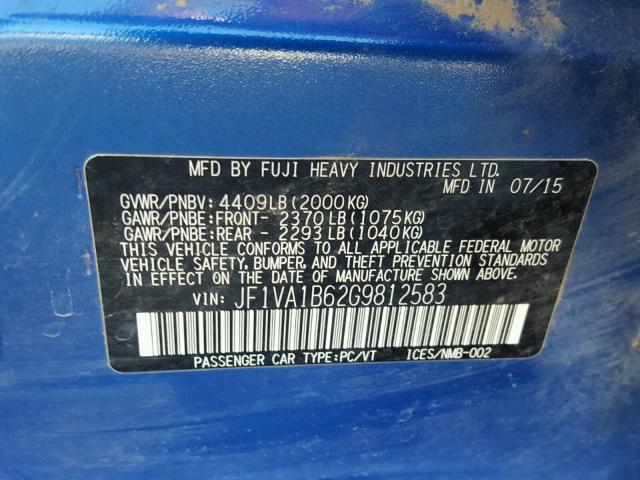 JF1VA1B62G9812583 - 2016 SUBARU WRX BLUE photo 10