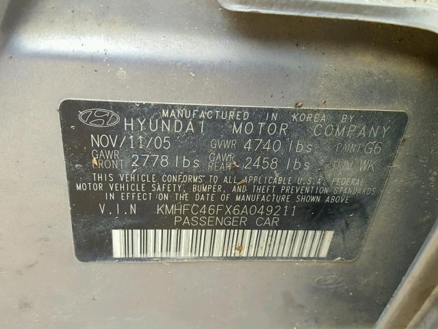 KMHFC46FX6A049211 - 2006 HYUNDAI AZERA SE GRAY photo 10