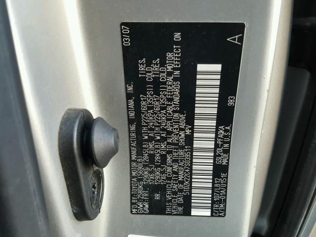 5TDZK22C47S039511 - 2007 TOYOTA SIENNA XLE SILVER photo 10