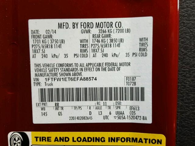 1FTFW1ET6EFA88574 - 2014 FORD F150 SUPER RED photo 10