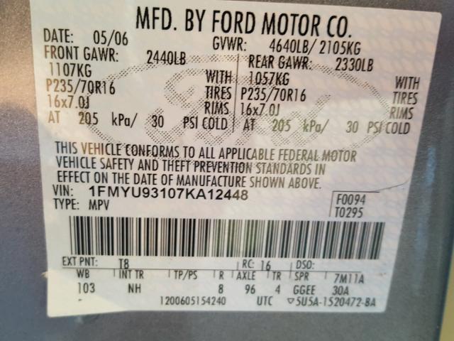 1FMYU93107KA12448 - 2007 FORD ESCAPE XLT GRAY photo 10