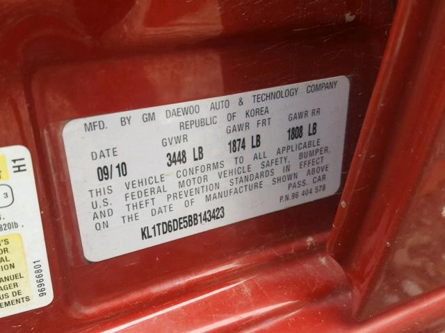 KL1TD6DE5BB143423 - 2011 CHEVROLET AVEO LS RED photo 10