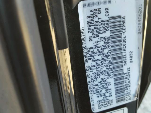 4T1BE32K13U170998 - 2003 TOYOTA CAMRY LE შავი ფოტო 10