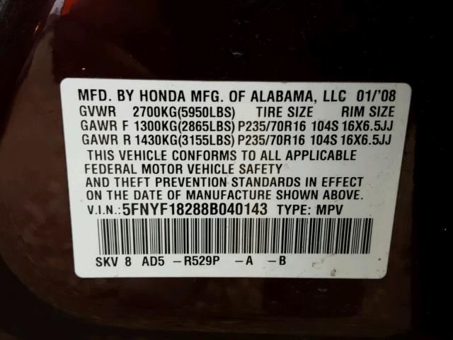 5FNYF18288B040143 - 2008 HONDA PILOT VP PURPLE photo 10