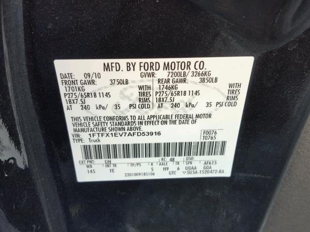 1FTFX1EV7AFD53916 - 2010 FORD F150 SUPER BLACK photo 10