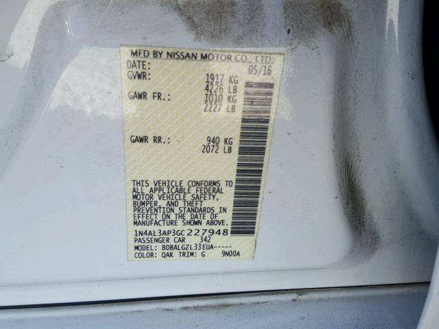 1N4AL3AP3GC227948 - 2016 NISSAN ALTIMA 2.5 WHITE photo 10