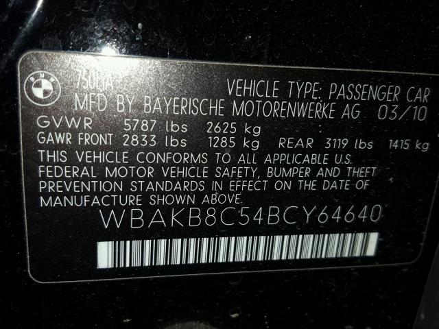 WBAKB8C54BCY64640 - 2011 BMW 750LI BLACK photo 10