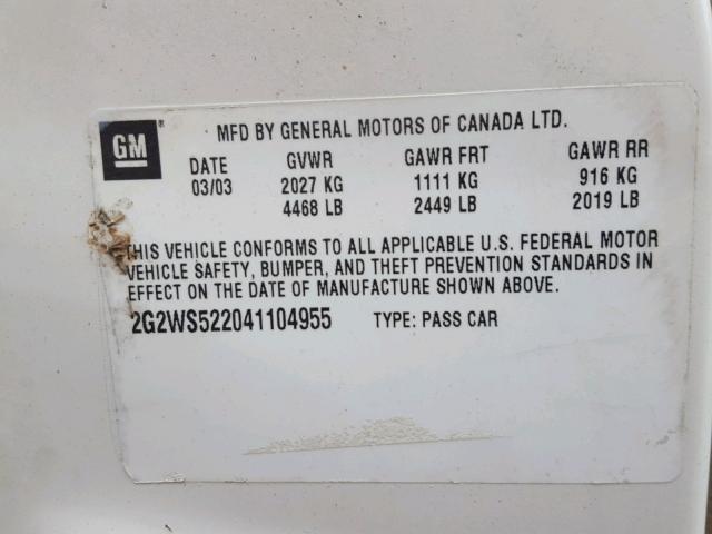 2G2WS522041104955 - 2004 PONTIAC GRAND PRIX Սպիտակ լուսանկար 10