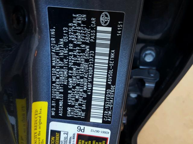 4T4BF1FK9DR313733 - 2013 TOYOTA CAMRY L GRAY photo 10