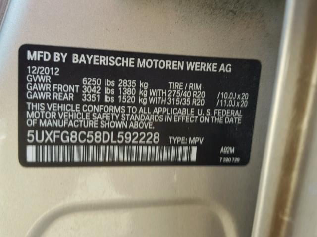 5UXFG8C58DL592228 - 2013 BMW X6 XDRIVE5 ოქროსფერი ფოტო 10