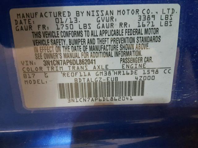 3N1CN7AP6DL862041 - 2013 NISSAN VERSA S BLUE photo 10