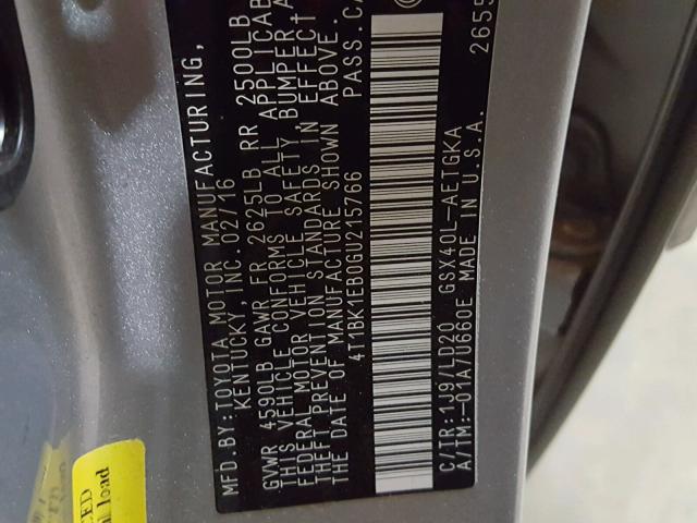 4T1BK1EB0GU215766 - 2016 TOYOTA AVALON XLE SILVER photo 10